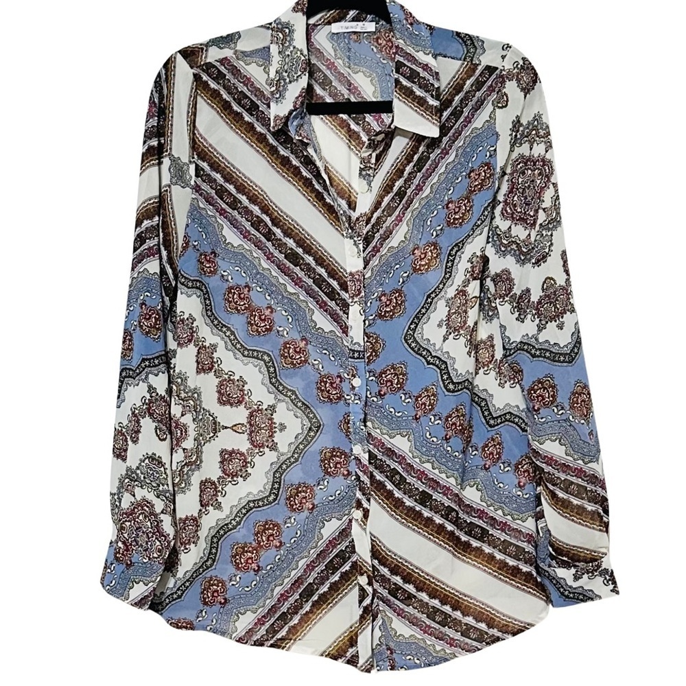 TIMING Vintage-Inspired Printed Button Down Multi-Colored Blouse Size M